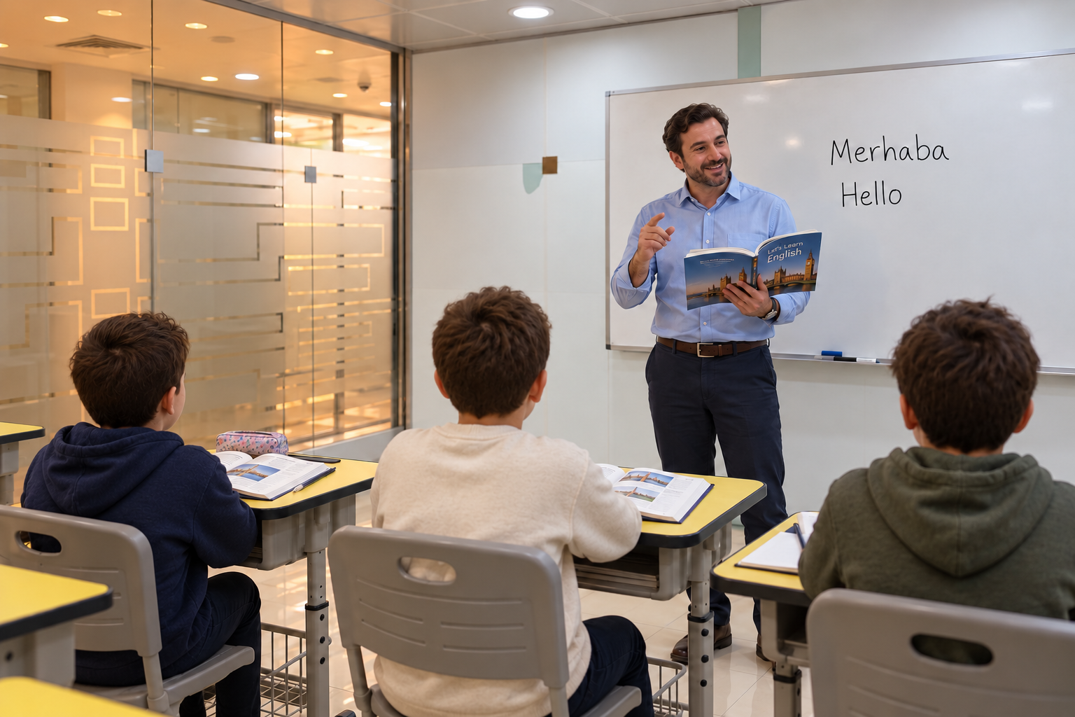 Teacher teaching languages with students seen from behind