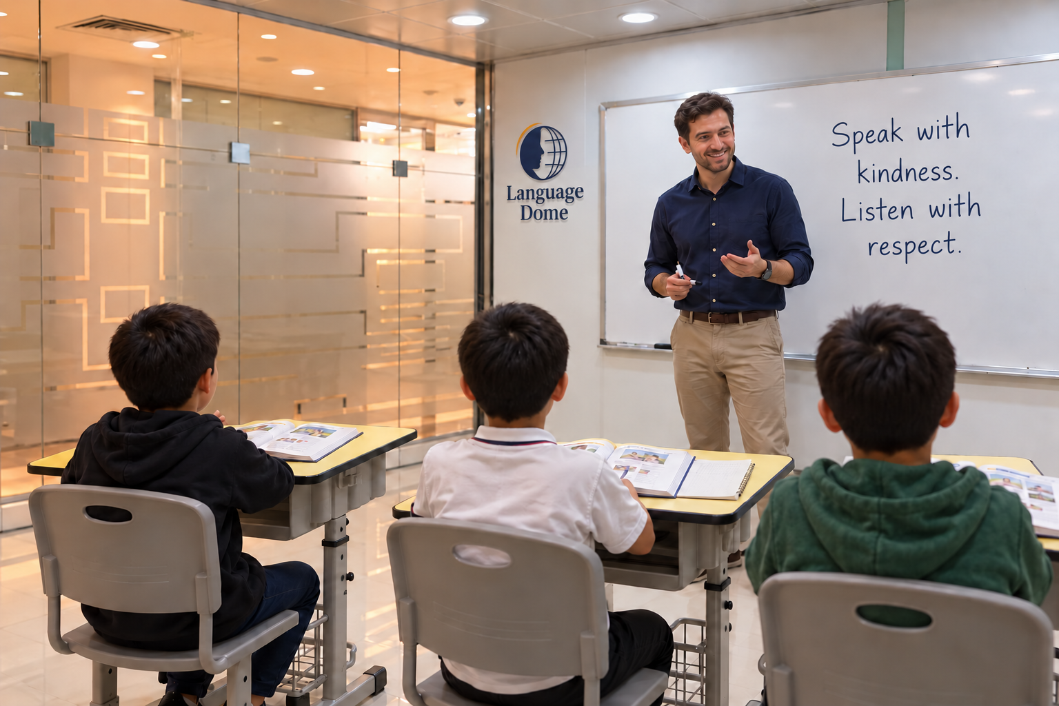 Teacher leading a language lesson with students seen from behind